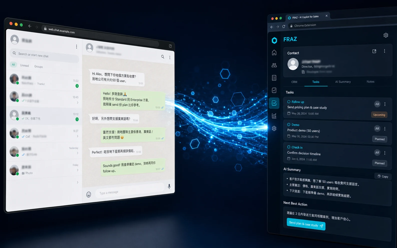 WhatsApp conversations syncing to FRAZ CRM illustration